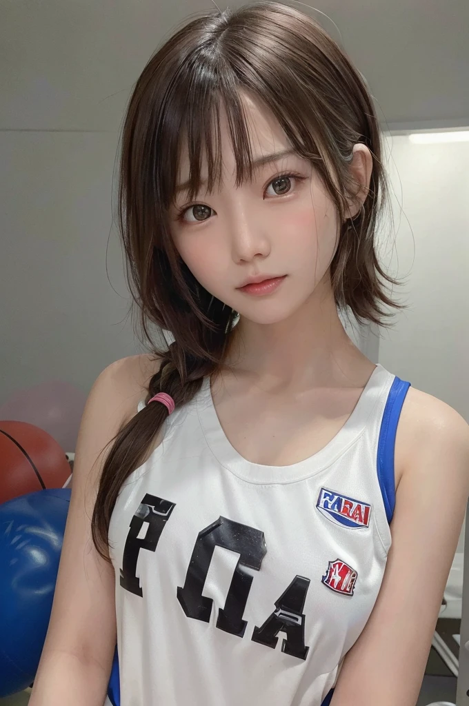 masterpiece, highest quality, Ultra-high resolution, High resolution photos,Ultra HD,8k, 非常にdetailedなCG:1.2),(RAW Photos,:1.3), (Photo Real:1.4), One girll , young, Physically Based Rendering, cute, (Detailed painted face:1.4, detailed clothes), (detailed:1.4) Beautiful Face, Depth of written boundary, Add Layer, Ultra-realistic, perfection body, Skinny body, perfection , One girl, Asian, Height: 180cm, Play basketball, Wearing a basketball jersey, Basketball Court, Long Hair, ponytail,