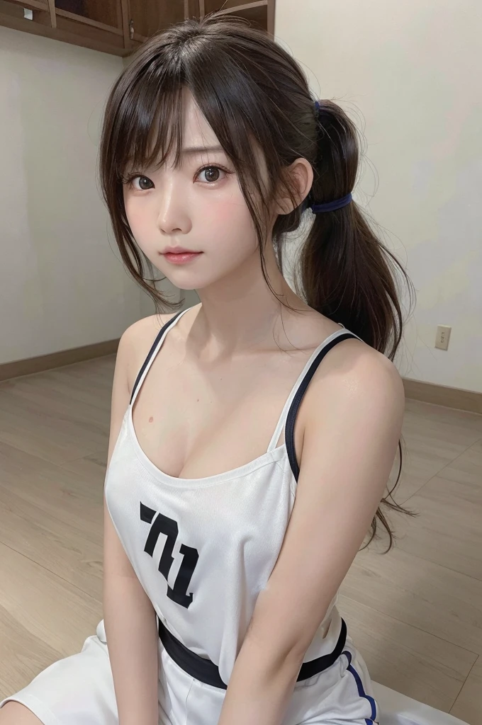 masterpiece, highest quality, Ultra-high resolution, High resolution photos,Ultra HD,8k, 非常にdetailedなCG:1.2),(RAW Photos,:1.3), (Photo Real:1.4), One girll , young, Physically Based Rendering, cute, (Detailed painted face:1.4, detailed clothes), (detailed:1.4) Beautiful Face, Depth of written boundary, Add Layer, Ultra-realistic, perfection body, Skinny body, perfection , One girl, Asian, Height: 180cm, Play basketball, Wearing a basketball jersey, Basketball Court, Long Hair, ponytail,