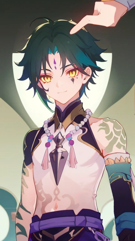 1 boy,dark green hair,highest quality,masterpiece,excessive,male focus,yellow eyes,beautiful eyes,beautiful boy,Crisp eyes,A dirty mark on the stomach,hypnotism,Hollow Eyes,brainwashing,Common sense modification,Fearless smile