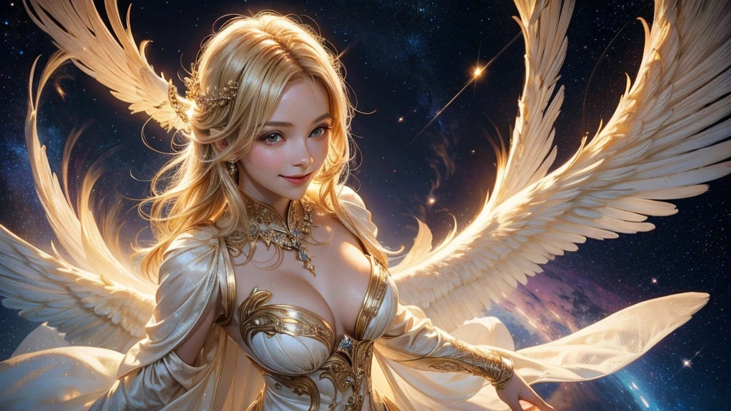 from the front, Look directly at the viewer, From above:1.2, Beautiful angel, A kind smile,, blonde, A pure goddess with sleeves that hide her breasts々dress, Bright light from behind, Angel wings on the back, Luminous space background, Prayer-like pose, Realistic