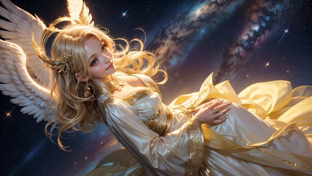 from the front, Look directly at the viewer, From above:1.2, Beautiful angel, A kind smile,, blonde, A pure goddess with sleeves that hide her breasts々dress, Bright light from behind, Angel wings on the back, Luminous space background, Prayer-like pose, Realistic