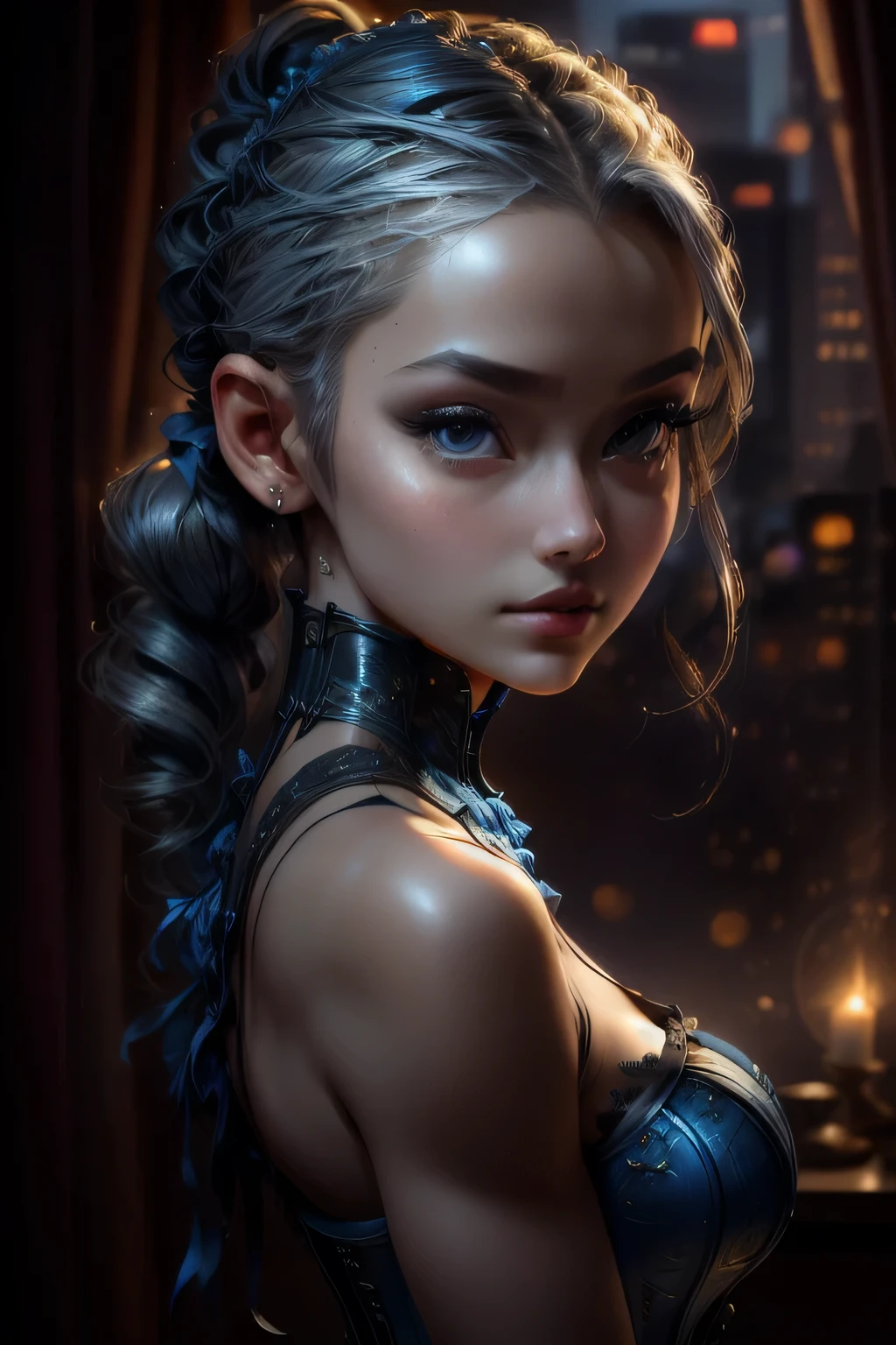 ((blue corset dress)), (最high quality, masterpiece: 1.2), 超High resolution, Realistic, Front lighting, Intricate details, Exquisite detail and texture, Body Portrait, One Girl, alone, (young), Facial highlights, Upper Body, Detailed face, Shiny skin, Silver Hair, ponytail, Braid, Look Viewer, Big eyes, ((blue corset dress) ), Earrings, Large Breasts, The body is slim, Beautiful background (City Hotel Room: 1.2), Window Edge, Professional Lighting, Photon Mapping, Radio City, Physically Based Rendering, ((Hair tied up on top of the head)), Huge, {{{masterpiece, 最high quality, figure,game_CG}}}}, (Hair tied up on top of the head), sexy, Cinematic, Beautiful background, Body Portrait､masterpiece, 最high quality, high quality, High resolution,((Face close-up))