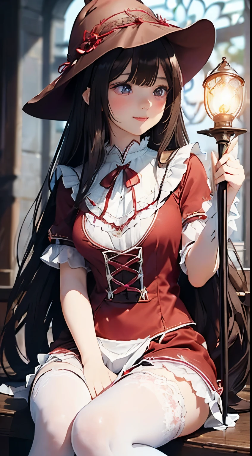 masterpiece, (highest quality), (Best illustrations), (Best Shadow), Dynamic Lighting, Written boundary depth, (Maximum resolution: 1.2), smile, Highly detailed face and skin texture, Delicate eyes, Dark blue eyes, double eyelid, Thin eyebrows, Glitter Eyeliner: 1.2, Natural Cheeks, White skin: 1.2, (Glossy Lips: 1.4), (19 years old),((Pure and cute girl:1.3)), (Wavy long hair), (Light brown hair:1.2), ((Very close relationship: 1.2)),((Victorian)),(((mage staff))),many books,lantern,((orgasm)), (((dark red mage dress))),((dark red healer hat)),((((white-darkred lace skirt)))),(mini skirt),wizard lolita fashion,Embarrassed look,(((Big Breasts))),(((((cameltoe))))),(((Panty shot)))