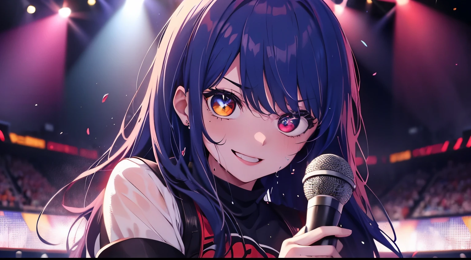 heterochromia、red eyes,yellow eyes、Idol singer singing with live music、Singing while sweating alone、Have fun with a smile、Hair color is blue hair、Proud Idol、slim figure、The background is the stage