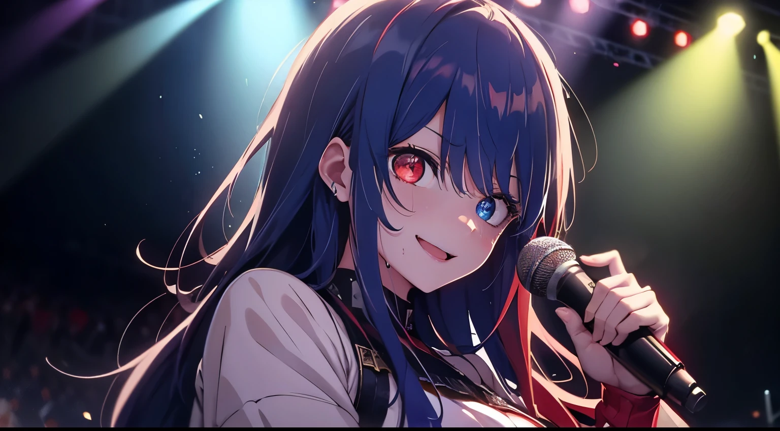 heterochromia、red eyes,yellow eyes、Idol singer singing with live music、Singing while sweating alone、Have fun with a smile、Hair color is blue hair、Proud Idol、slim figure、The background is the stage