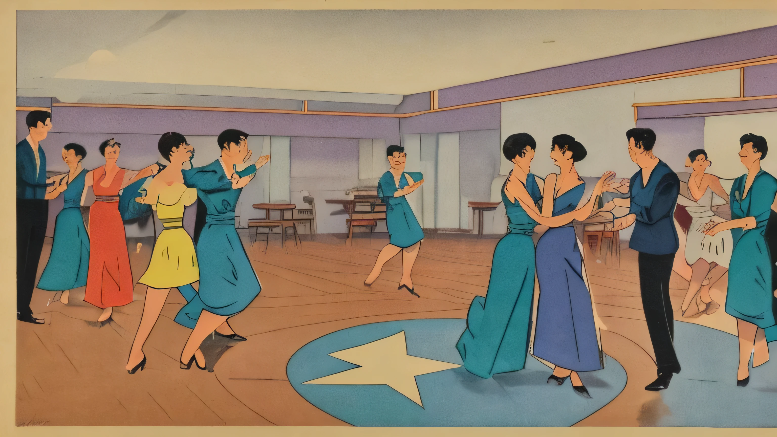 1950s Dance Hall、Four Okinawan men and women、Pastel color illustrations