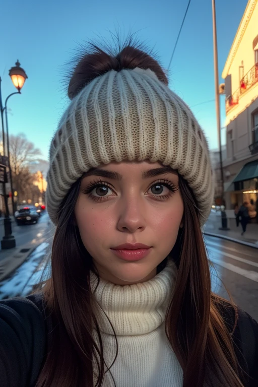 fotografia profissional de uma linda garota norueguesa, de olhos azuis em roupas de inverno com cabelos loiros longos e ondulados, olhar sensual e sedutor, sardas, beautiful symmetrical face, linda maquiagem natural, vestindo roupas elegantes e quentes de inverno, parado do lado de fora na rua nevada da cidade