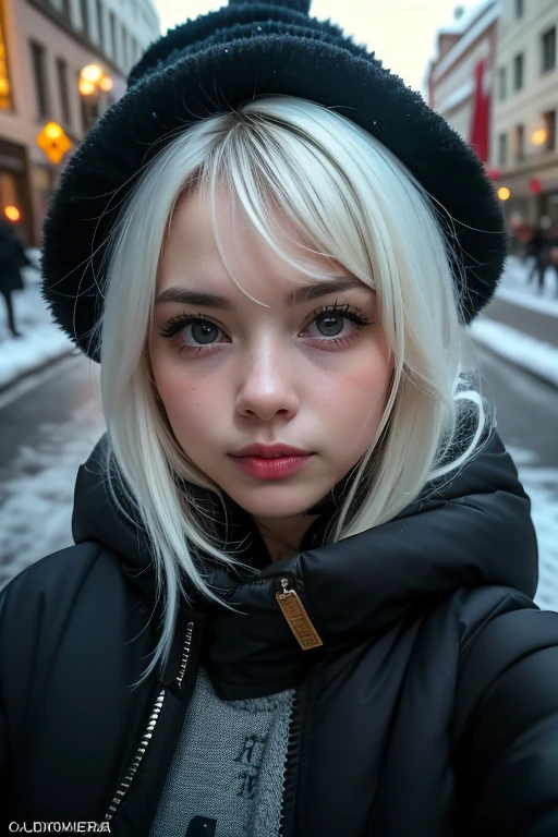 fotografia profissional de uma linda garota norueguesa, de  olhos azuis em roupas de inverno com cabelos loiros longos e ondulados, olhar sensual e sedutor, sardas, beautiful symmetrical face, linda maquiagem natural, vestindo roupas elegantes e quentes de inverno, parado do lado de fora na rua nevada da cidade