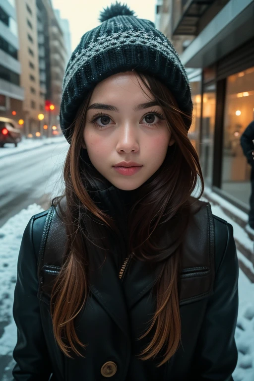 fotografia profissional de uma linda garota norueguesa, de olhos azuis em roupas de inverno com cabelos loiros longos e ondulados, olhar sensual e sedutor, sardas, beautiful symmetrical face, linda maquiagem natural, vestindo roupas elegantes e quentes de inverno, parado do lado de fora na rua nevada da cidade