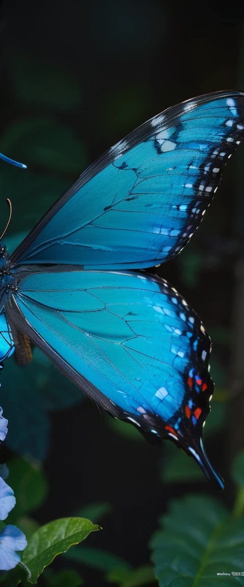 ((masterpiece, highest quality, Highest image quality, High resolution, photorealistic, Raw photo, 8K)), ((Extremely detailed CG unified 8k wallpaper)), A lone blue butterfly fluttering in the starry sky, Huge butterfly wings from the back, (blue glowing wings), Blue wings shining in the dark night, summer dress fluttering,