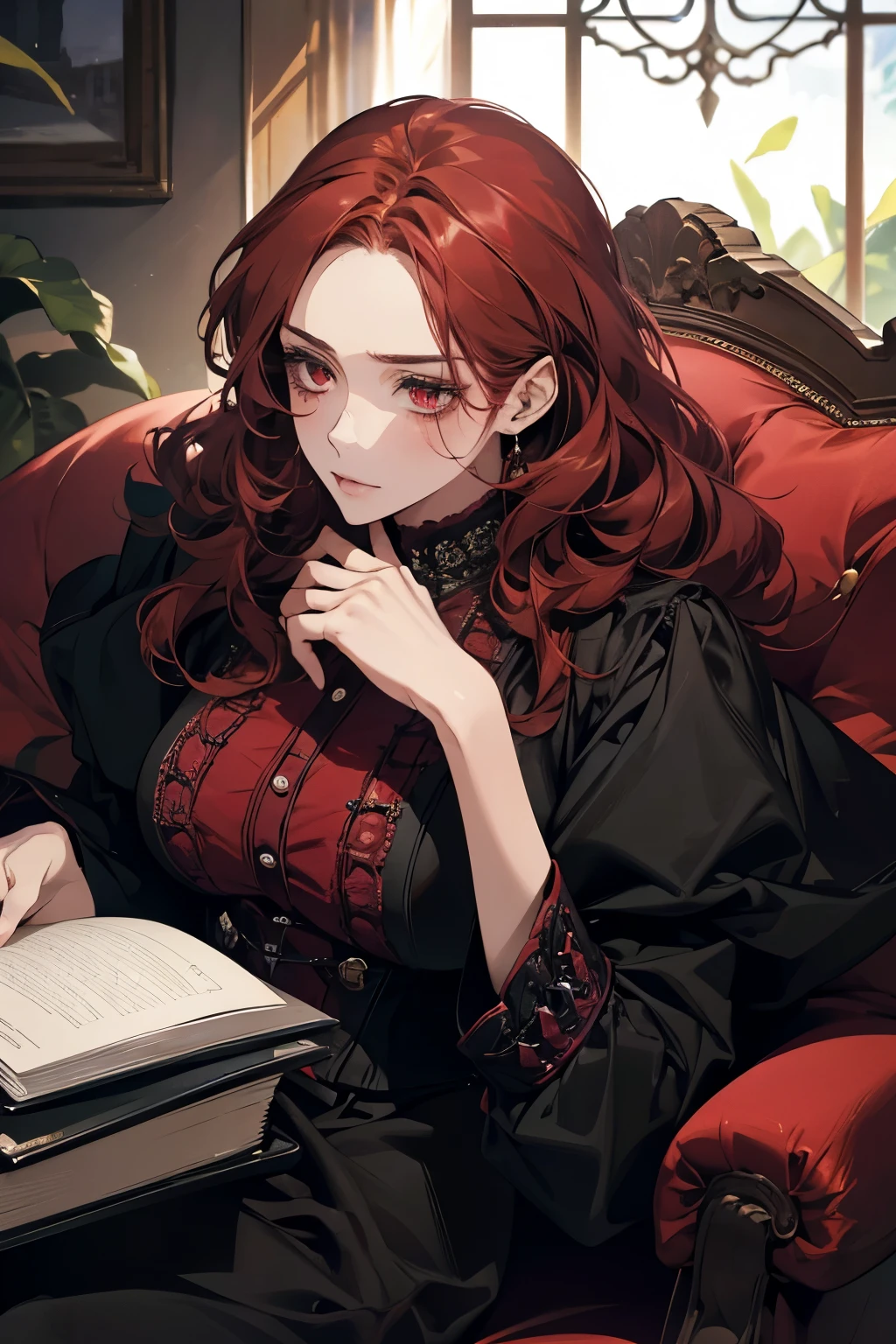 (best quality, 4k, 8k, high resolution, masterpiece: 1.2), ultra-detailed, realistic, bright lighting, close-up portrait, red-haired woman, all-black villain costume, watching a book with a serious look, light skin, red eyes, somewhat curly hair, deep red hair color, completely black clothes, sharp focus, bright colors, sitting in a chair, reading a book, woman's gaze on the book. He is in a low-income house.