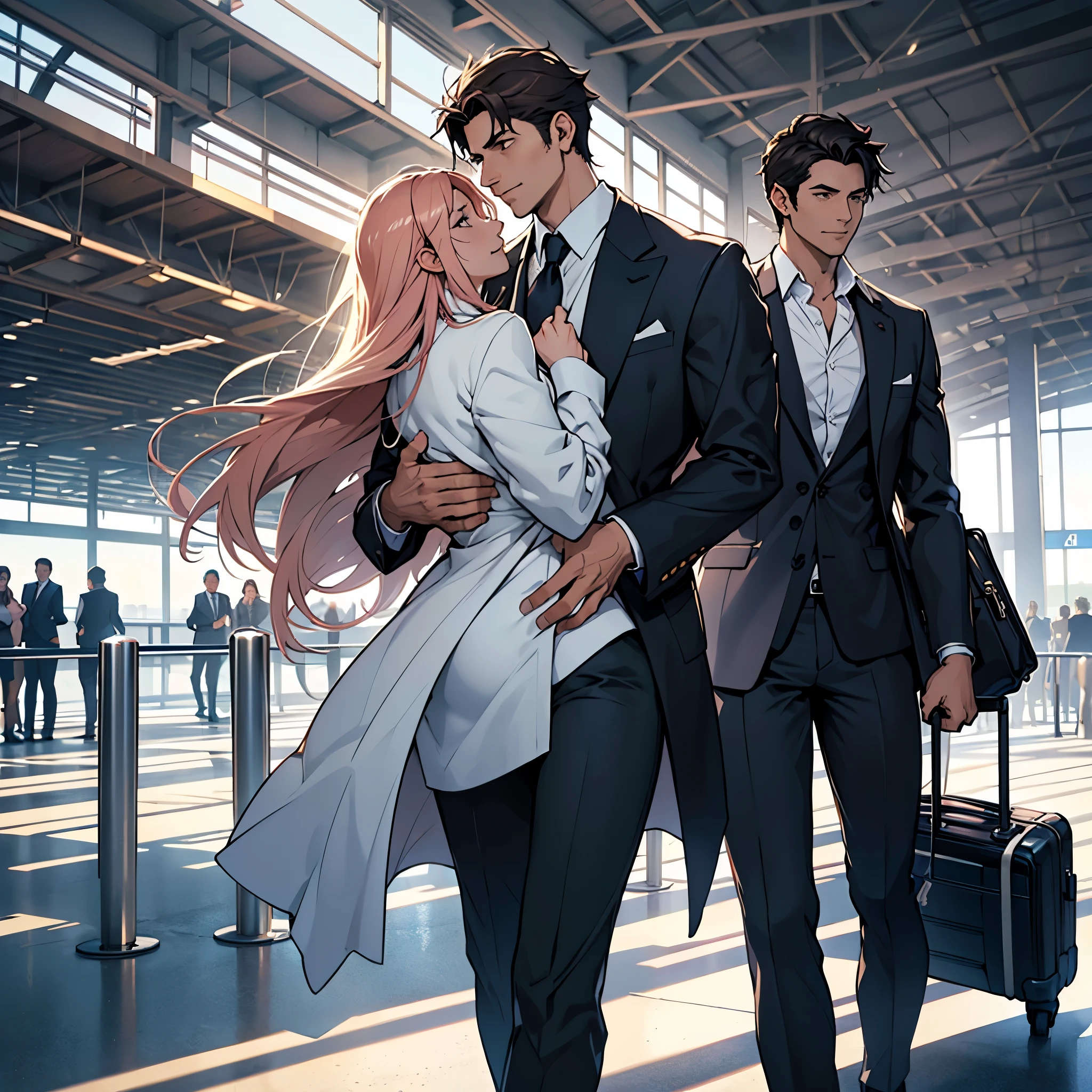 (Best quality, high-resolution)
Constantine's reincarnation form, elegantly dressed in a stylish suit, graces the modern setting with his presence. A successful businessman, he exudes an air of sophistication and confidence. The scene unfolds like a heartwarming novel, with a cute woman at the airport, her eyes lighting up as she spots him. Their happiness of love radiates through the bright and clear space, creating a romantic atmosphere. The soft sunlight filters through the crisp air, casting fine architectural details in dramatic shadows. Endless blue skies stretch above, mingling with the bustling airport atmosphere.

An affectionate embrace ensues, their suitcases