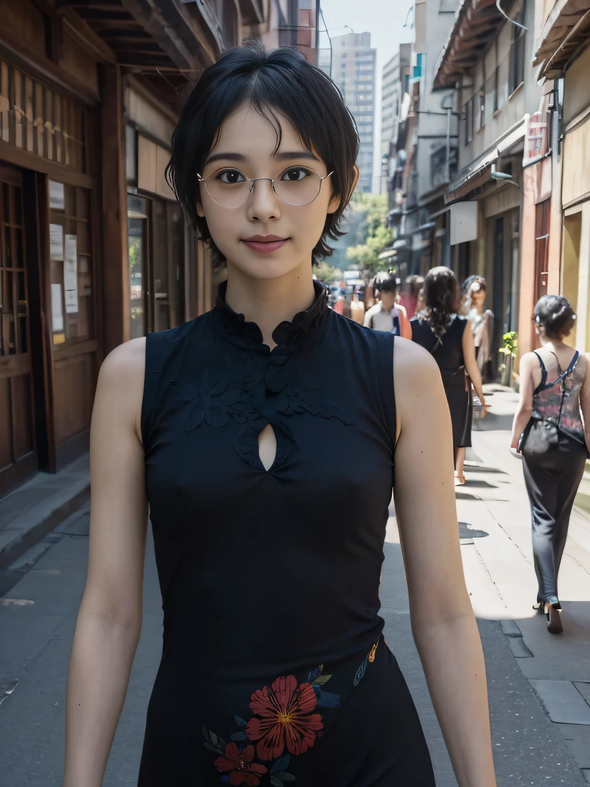 (Girls wearing sleeveless floral pattern onepiece dress:1.2)、masterpiece、8K、32K、top-quality、(A detailed eye)、(A cute Japanese woman)、23years old、(2 girls in:1.4)、elegent、(Detailed background depiction),Japan alley、is standing、Sunlight、during daytime、(smile:1.2)、(cowboy shot),(braless:1.4),(slender body:1.5), BREAK (Black very short wavy pixie hair over one eye:1.3),cleavage,Glasses,