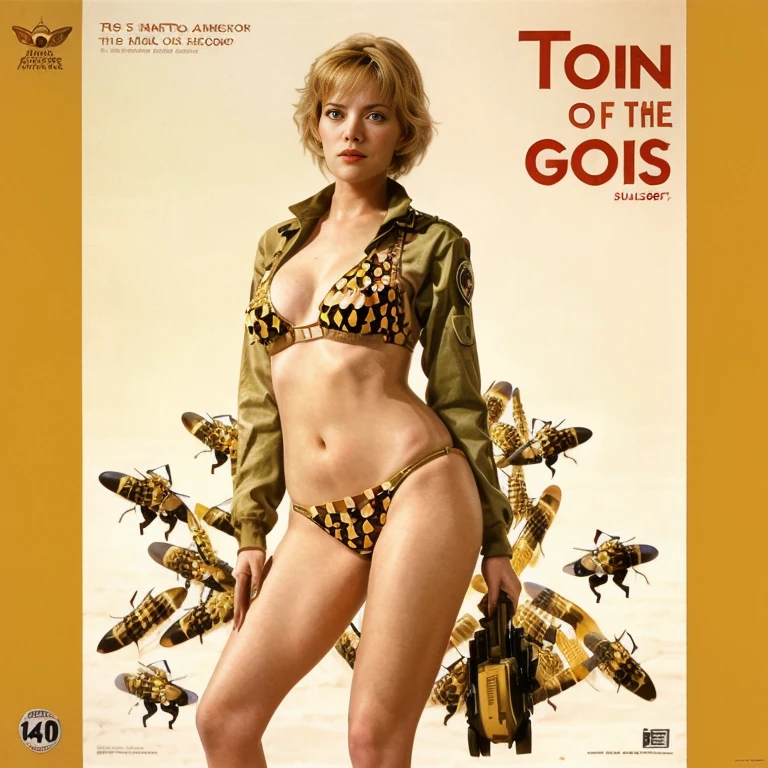 a poster for Intrusion of the 蜂 girls, John Maggs, Art by Roy Dalgarno, based on bumble蜂, 1 9 7 0 SFmovie, movie, Intrusion, Album cover, A bikini-clad American woman stands in front, [ movieのような, music Album cover, made of Bees, movieアートワーク, Official artwork, Bees, crimson - 女 army behind, 1 9 7 0 s film, レトロSFmovie