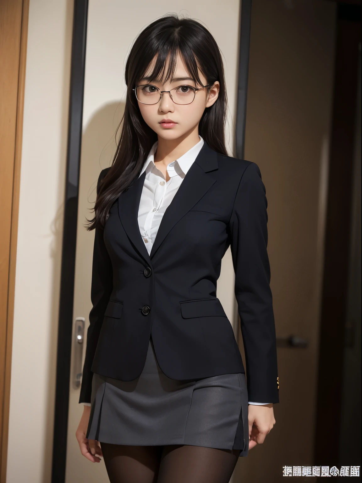 one person、solo、Flat Eyes、Confused eyes、Small breasts、20 year old office uniform OL、Flat Eyes、Confused eyes、body、whole body、True Face、Watching the audience,Looking at the front,Glare、sexy、victory、((Black Pantyhose))、Tsundere、Saucy、Single knot、OL、suit、Blue mini skirt、anger、Small、Glasses、Slim girl photo、body型:史上最Smallの美少女、Japanese women、(8K、RAW Photos、Highest quality、masterpiece:1.2)、(Real、Photorealistic:1.37)、Ultra high definition、Ultra high definition、Standing position、whole body、((((sexy)))