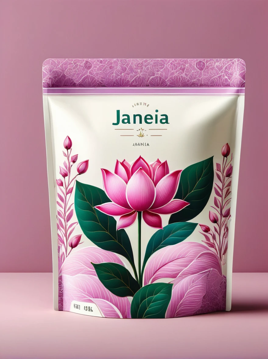 Create a minimalist rice food label for a brand named 'Janeia'. The design should be inspired by an array of soft colors including shades of purple, pink, light green and baby blue. The label should feature clean lines and simple typography to showcase the brand's commitment to simplicity and efficiency. The background must be a soft shade of purple, implying elegance and creativity. Embed an image of a delicate pink lotus flower, which is a significant symbol of purity and spirituality in Indian culture. The brand name should be prominently placed at the top using modern and sleek font. The label should also have an icon representing India as the country of origin. The overall aesthetic should be fresh, contemporary, capturing the essence of India whilst maintaining a modern feel. This design aesthetic aims to help the brand 'Janeia' stand out on the shelves, whilst invoking a sense of authenticity and quality.