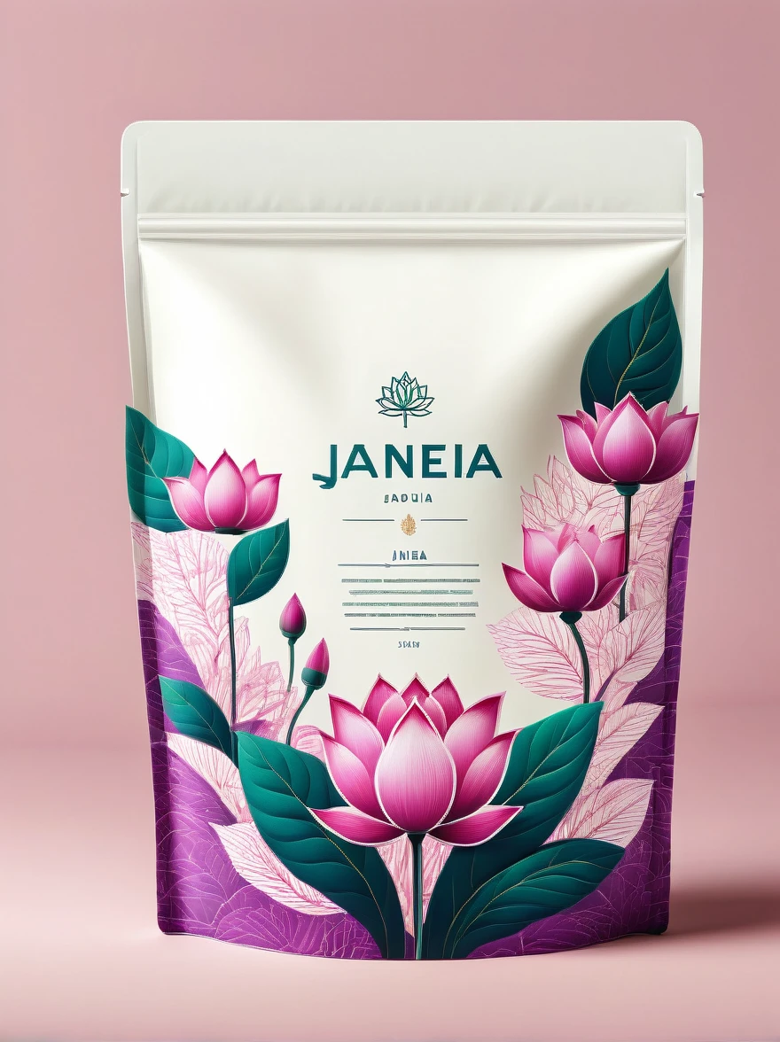 Create a minimalist rice food label for a brand named 'Janeia'. The design should be inspired by an array of soft colors including shades of purple, pink, light green and baby blue. The label should feature clean lines and simple typography to showcase the brand's commitment to simplicity and efficiency. The background must be a soft shade of purple, implying elegance and creativity. Embed an image of a delicate pink lotus flower, which is a significant symbol of purity and spirituality in Indian culture. The brand name should be prominently placed at the top using modern and sleek font. The label should also have an icon representing India as the country of origin. The overall aesthetic should be fresh, contemporary, capturing the essence of India whilst maintaining a modern feel. This design aesthetic aims to help the brand 'Janeia' stand out on the shelves, whilst invoking a sense of authenticity and quality.