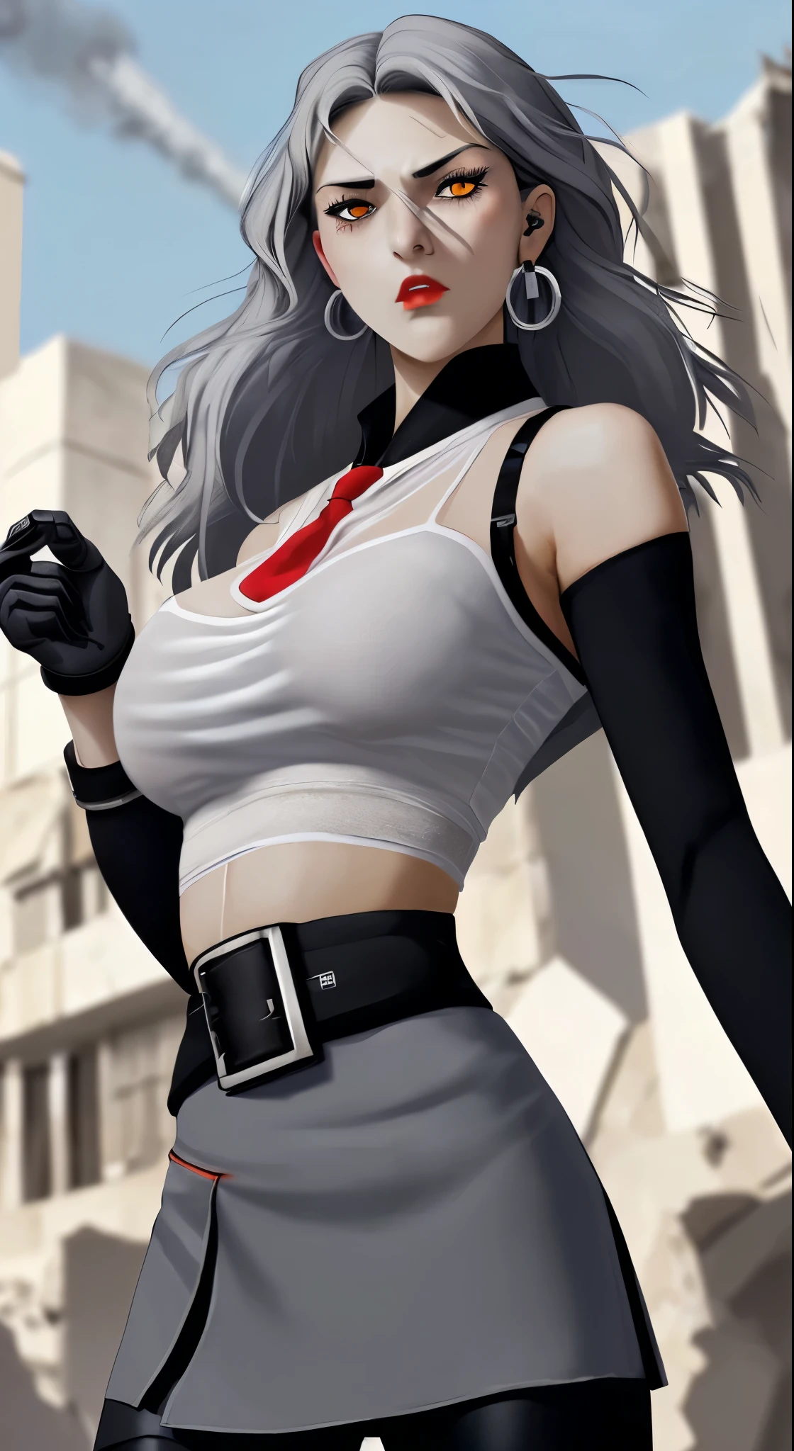 One girl, Close-up shot, (Gray Hair, Medium Hair, Large Breasts, Red eyes), Perfect Anatomy, city, Cyberpunk Style, ((White shirt, Black jacket, Black Skirt, belly button, belt, Black gloves, tie, watch, Earrings, Sheer black leggings)), ((Possession of a gun)), war, ruined city, battlefield, rubble, building,cigarette