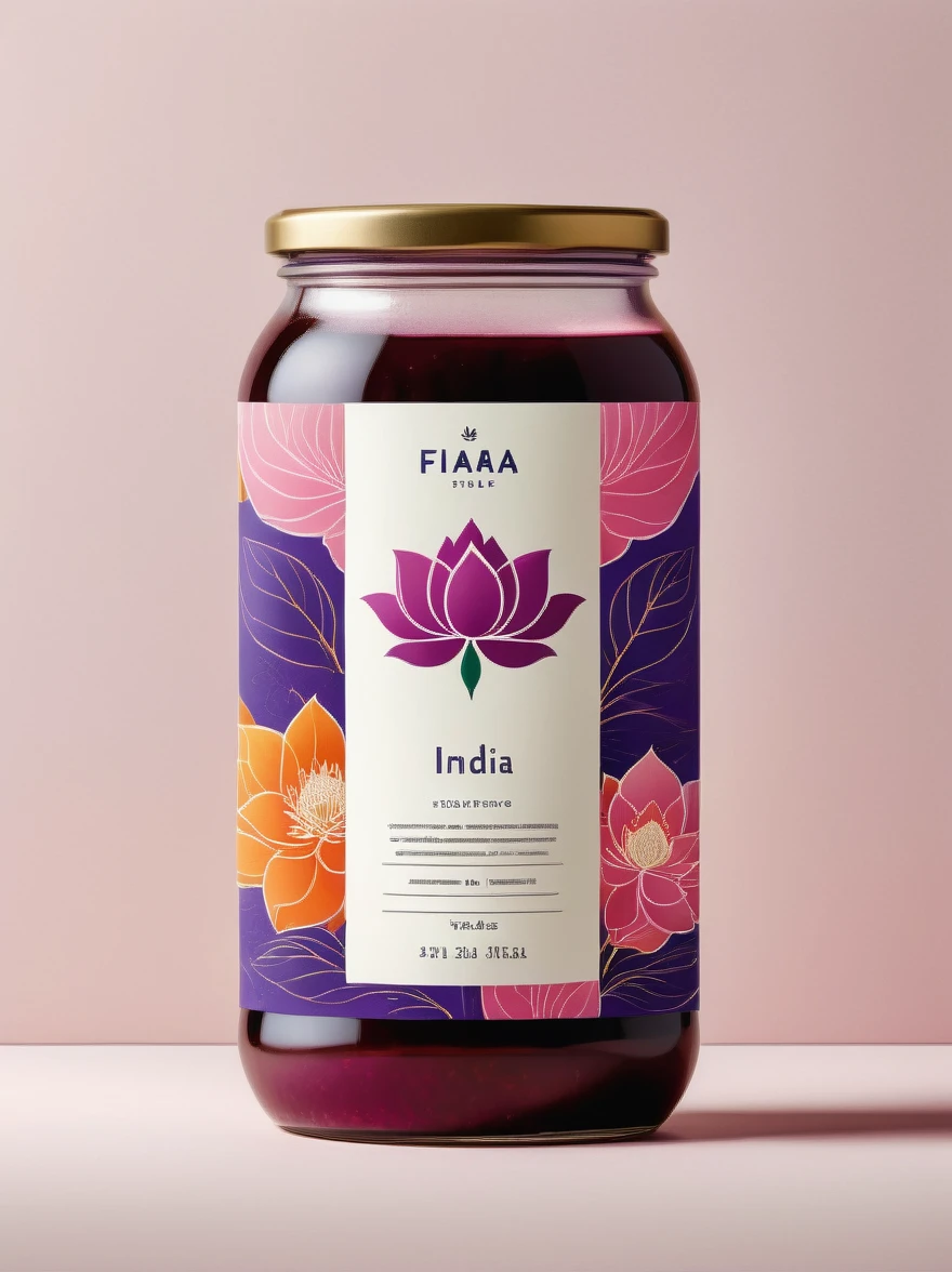 A minimalist food label for a nondescript brand, inspired by the vibrant colors of India. The label features clean lines and simple typography, reflecting a commitment to simplicity and efficiency. The background is a soft shade of purple, symbolizing elegance and creativity. A delicate pink lotus flower, a prominent symbol of purity and spirituality in Indian culture, is subtly incorporated into the design. The brand name is placed prominently at the top, using a modern and sleek font. The label also shows symbol of india, indicating its country of origin. The overall aesthetic is fresh and contemporary, capturing the essence of India while maintaining a modern feel. This design stands out on the shelves while evoking a sense of authenticity and quality.