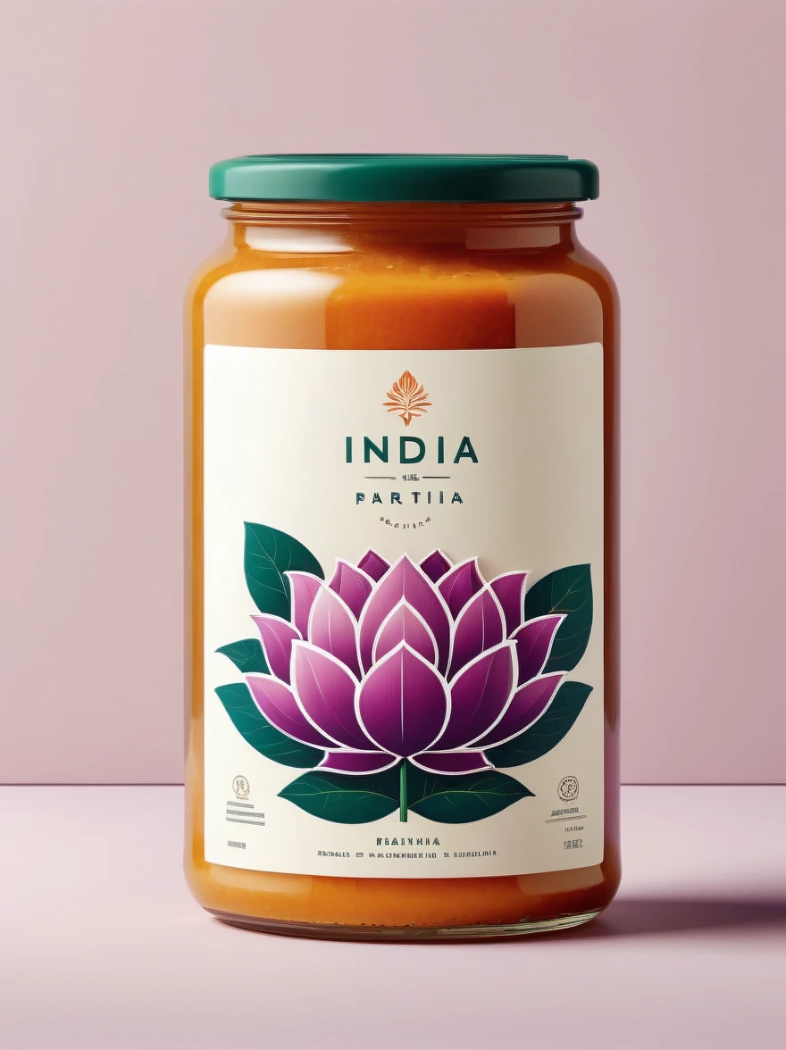 A minimalist food label for a nondescript brand, inspired by the vibrant colors of India. The label features clean lines and simple typography, reflecting a commitment to simplicity and efficiency. The background is a soft shade of purple, symbolizing elegance and creativity. A delicate pink lotus flower, a prominent symbol of purity and spirituality in Indian culture, is subtly incorporated into the design. The brand name is placed prominently at the top, using a modern and sleek font. The label also shows symbol of india, indicating its country of origin. The overall aesthetic is fresh and contemporary, capturing the essence of India while maintaining a modern feel. This design stands out on the shelves while evoking a sense of authenticity and quality.