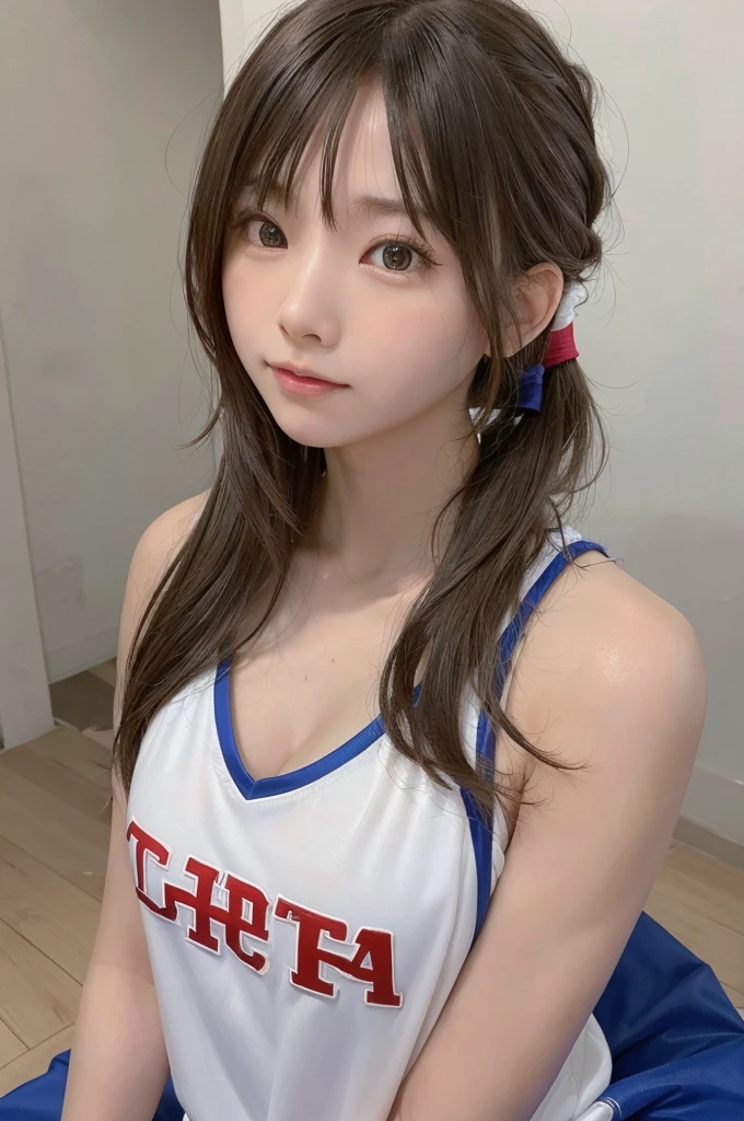 masterpiece, highest quality, Ultra-high resolution, High resolution photos,Ultra HD,8k, 非常にdetailedなCG:1.2),(RAW Photos,:1.3), (Photo Real:1.4), One girl , cute, (Detailed painted face:1.4, detailed clothes), (detailed:1.4) Beautiful Face,Ultra-realistic, perfection body, Skinny body, perfection , One girl, Play basketball, Wearing a basketball jersey, Basketball Court, Long Hair, ponytail,Dribbling a basketball