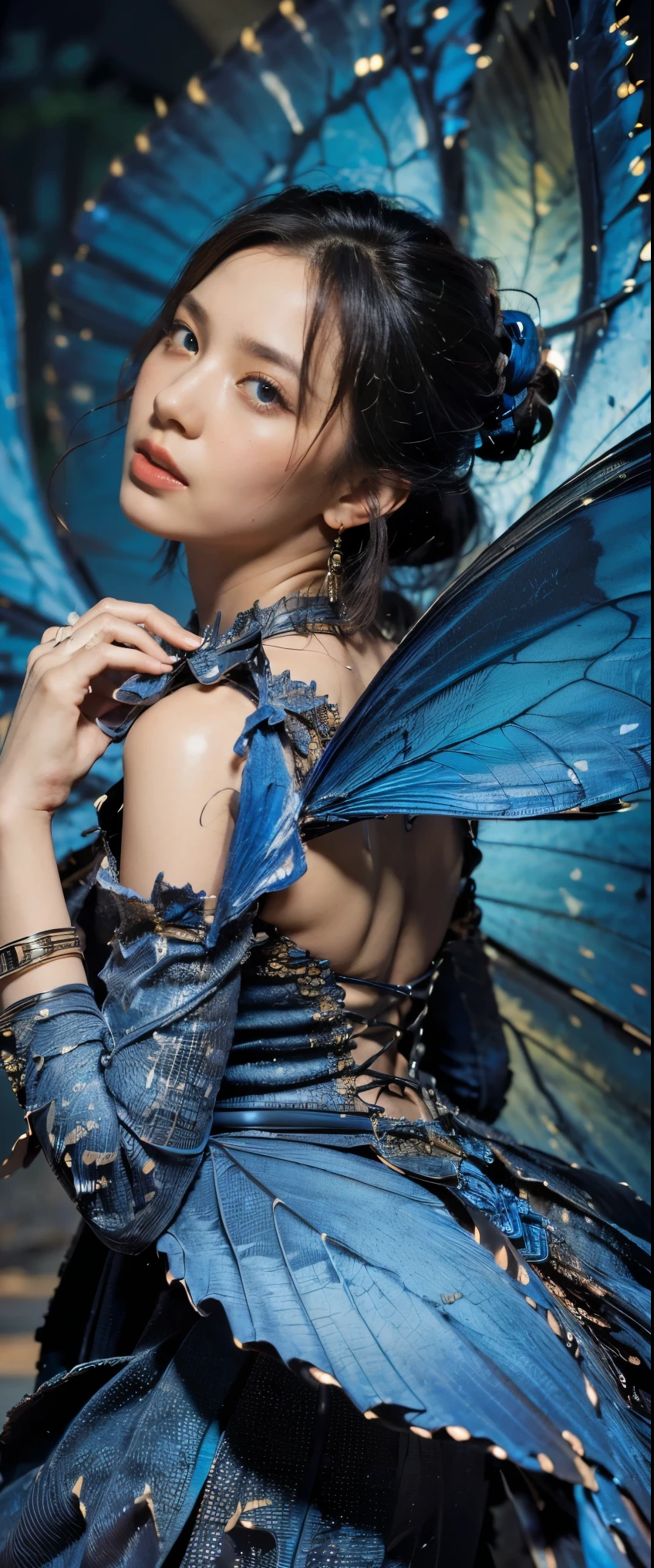 ((masterpiece, highest quality, Highest image quality, High resolution, photorealistic, Raw photo, 8K)), ((Extremely detailed CG unified 8k wallpaper)), A lone girl blue butterfly fluttering in the starry sky, Huge butterfly wings from the back, (blue glowing wings), Blue wings shining in the dark night, summer dress fluttering,