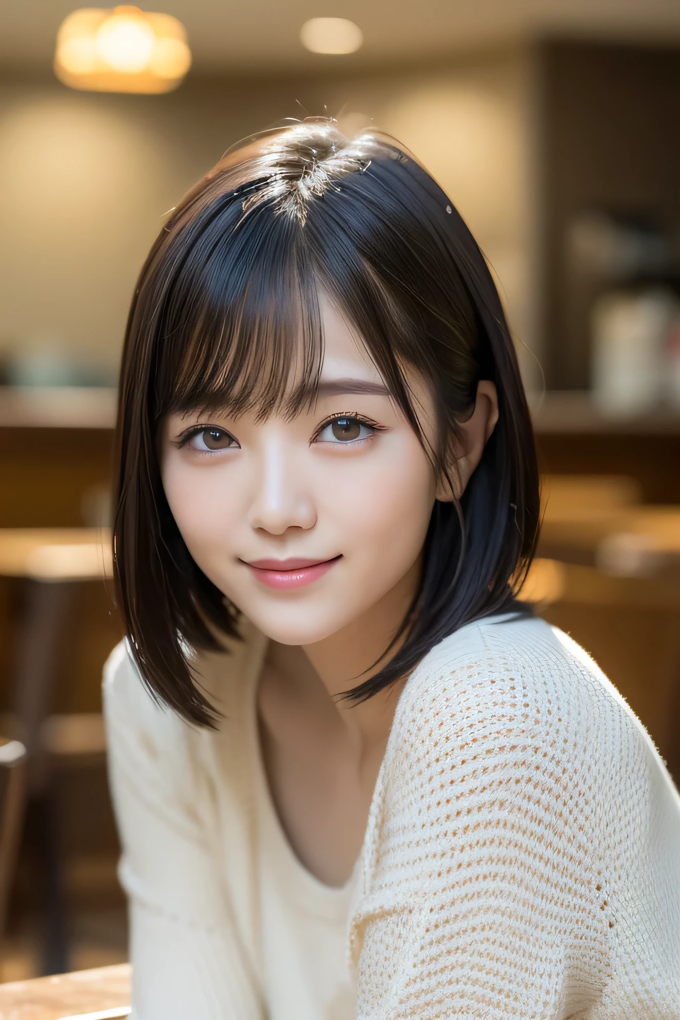(highest quality:1.5), (Realistic:1.5), (1 person:1.5), (medium wide shot:1.5), Very detailed, High resolution, 8k wallpaper, , Table Top、(Leaning forward)、Pretty woman wearing a blouse or sweater、Small breasts、Natural color lips、Cute smile、Japanese women、20 year old girl、Thin eyebrows、Beautiful and elegant face、cute face、cute eyes、Big eyes、Fair skin、Beautiful and elegant face、Natural Bangs、Beautiful and thin nose、Beautiful Skin、Medium Bob Hair、Short Hair、Natural Bangs、Perfect and beautiful face、Slim face and figure、(Looking at the camera with a cute expression)、(Bright lighting)、Professional Lighting、 (Lighting from the front)、Natural smile、Beautiful clavicle、cute cleavage、Natural smile、cute、Brightly lit cafe、table、