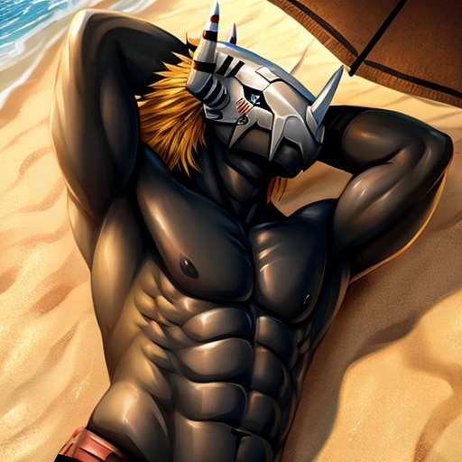 BlackWargreymon, bare chest golden hair, yellow hair, black skin, on the beach, laying on side, arms behind head
