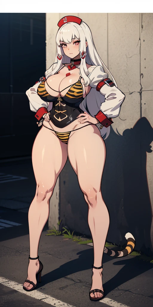 (plain background, masterpiece, best quality, ultra-detailed, best shadow, best rendering: 1.2) (1girl) (8k) (photorealistic:1.4) best quality, ultra high res, highly detailed eyes, cleavage cutout, female white long hair in yellow bikini with tiger stripes on it, abs, full body, tanned skin, high heels, tiger tail, slave collar on neck, female, tattered clothes, shackles on arms and legs, red navel tattoo, abs, stomach exposed - (masterpiece, best quality, full body, 1solo full body standing straight symmetrical looking to the viewer, female, pinched eyes:1.2) (Lysithea von Ordelia) nurse uniform, hands on hips, wide hips, full body, whole body bodybuilder, long sleeves, from below, far shot, showing ass, leather black collar, pauldrons, corset, 2 barefoot together but not crossing