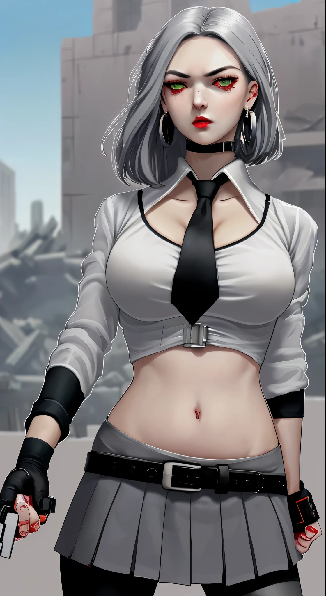 One girl, Close-up shot, (Gray Hair, Medium Hair, Large Breasts, Red eyes), Perfect Anatomy, city, Cyberpunk Style, ((White shirt, Black jacket, Black Skirt, belly button, belt, Black gloves, tie, watch, Earrings, Sheer black leggings)), ((Possession of a gun)), war, ruined city, battlefield, rubble, building,cigarette