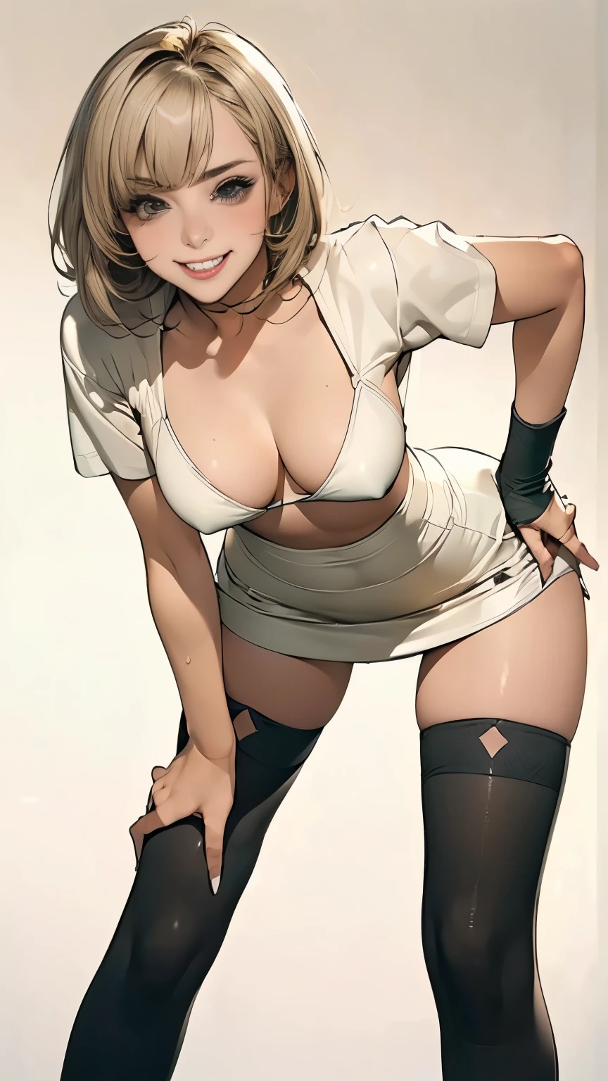 (blonde gal in a sexy schoogirl:1.5)、(grin:1.35),beautiful breasts、(Spread legs),(very short hairstyle with a random bangs:1.15),(knee socks:1.5),(Sexual harassment while bent over:1.5)、(sexy face:1.35),