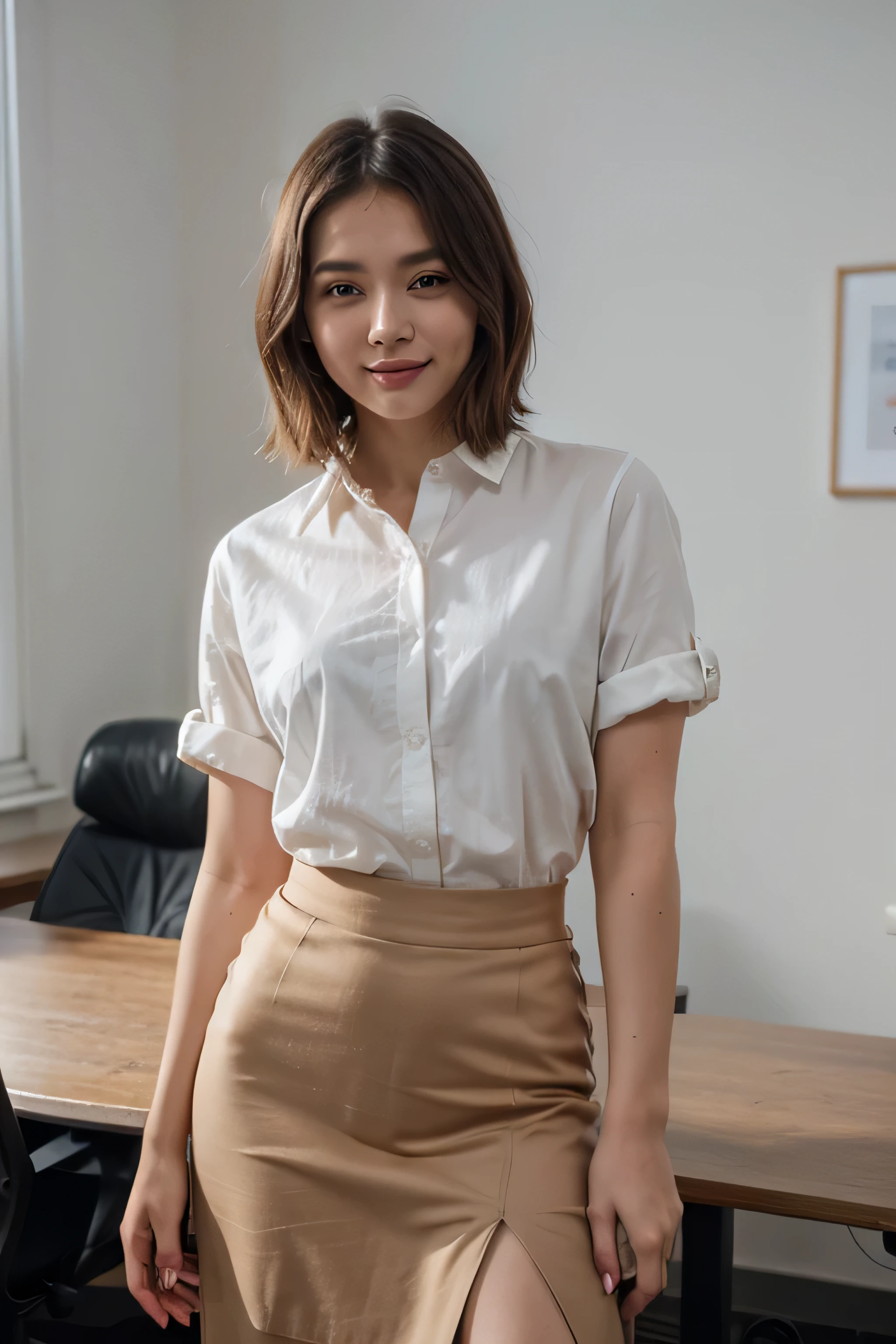 top-quality、​masterpiece、超A high resolution、(realisitic:1.4)、Beautuful Women１、Beautiful detail eyes and skin、smile、Light brown short-cut hair, She is Wearing a long white shirt posing for a photo,  gorgeous chinese model, photo of slim girl model, IG-Modell, beautiful female model,  on the office, long white shirt, long skirt, black suit
