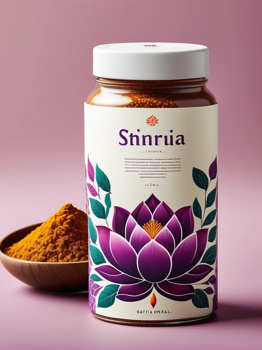Design a minimalist food label for a non-specific brand, taking inspiration from the vibrant colors of India. The label should feature clean lines and simple typography, expressing a commitment to simplicity and efficiency. Use a soft shade of purple for the background, to symbolize elegance and creativity. Incorporate a delicate pink lotus flower into the design, as it's a symbol of purity and spirituality in Indian culture. Place a stylized logo prominently at the top, utilizing a sleek modern font. Also, incorporate a small illustration of traditional Indian spices to indicate the country of origin. The overall aesthetic should be fresh and contemporary, ideally capturing the spirit of India while still retaining a modern feel. This design should evoke a sense of authenticity and quality, allowing it to stand out on the shelves.
