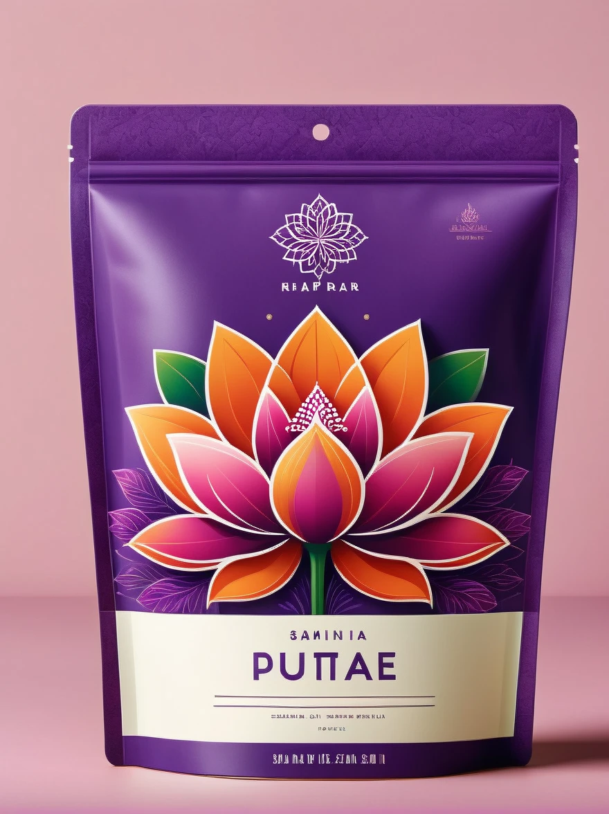 Design a minimalist food label for a non-specific brand, taking inspiration from the vibrant colors of India. The label should feature clean lines and simple typography, expressing a commitment to simplicity and efficiency. Use a soft shade of purple for the background, to symbolize elegance and creativity. Incorporate a delicate pink lotus flower into the design, as it's a symbol of purity and spirituality in Indian culture. Place a stylized logo prominently at the top, utilizing a sleek modern font. Also, incorporate a small illustration of traditional Indian spices to indicate the country of origin. The overall aesthetic should be fresh and contemporary, ideally capturing the spirit of India while still retaining a modern feel. This design should evoke a sense of authenticity and quality, allowing it to stand out on the shelves.