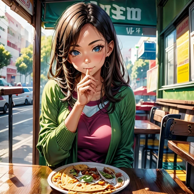 Woman wearing a poncho eating tacos at a Mexican food stall