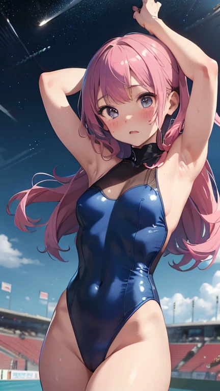 masterpiece、highest quality、Very detailed、Photograph the upper body、1 female、(Put your arms behind your back:1.2)、Are standing、Turn your body forward、View your viewers、(Race Queen:1.3、Blue leotard)、blush、shy、(trembling:1.2)、Pink Hair、Open your mouth、circuit、F1、