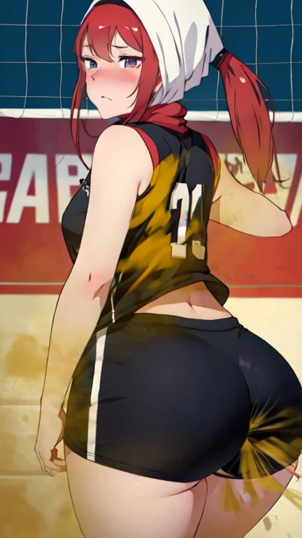 Asian girl fart, desperate to poop, on volleyball court, farting while playing volleyball, turns to look back, wearing volleyball jersey and booty shorts, wearing hijab, asian girl, tomboy, stomach bloated, hands hugging stomach, pained expression, shocked and embarrassed, mouth open in shock, tears in eyes, blushing, beautiful and cute face, anime art style, fit body, tall and thin, side view, diarrhea