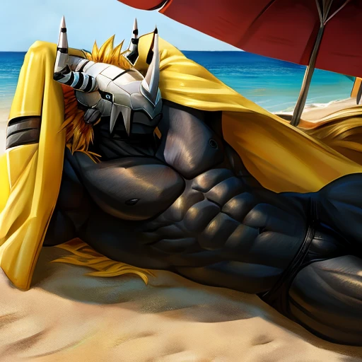 BlackWargreymon, bare chest golden hair, yellow hair, black skin, on the beach, laying on side, arms behind head