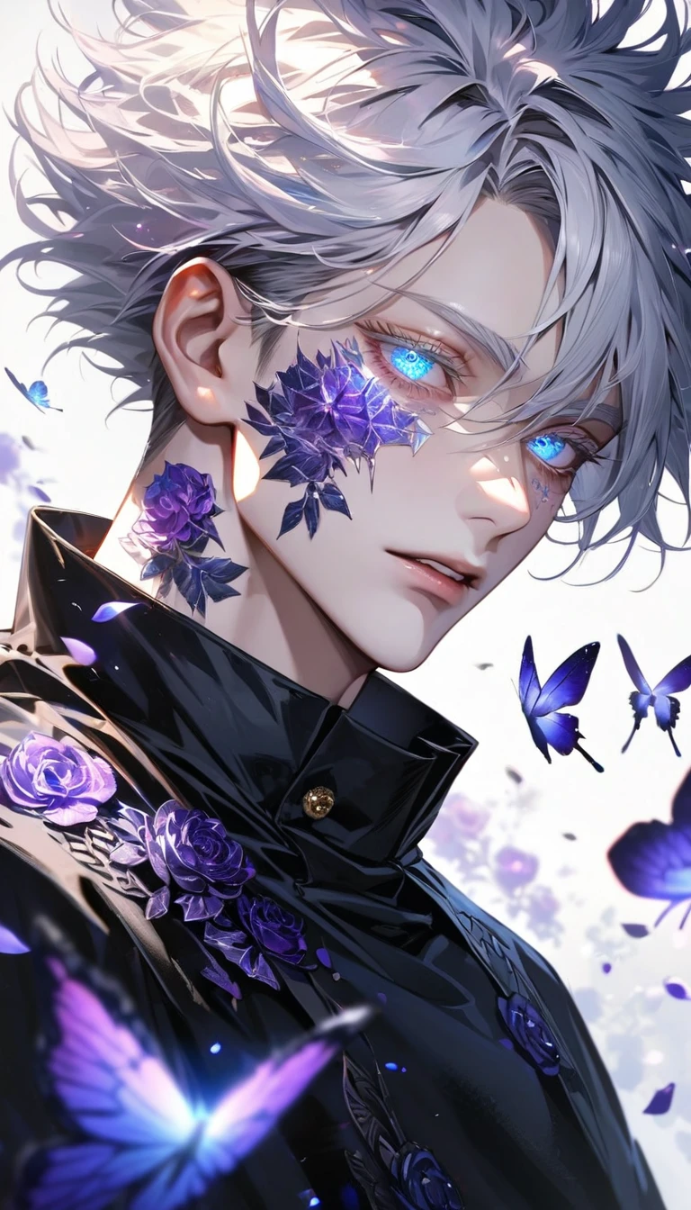 Ultra detailed, HDR, Highres, absurdres, master piece, Gojou Satoru, expressive blue eyes, white hair with bangs, white eyelashes, Jujutsu Kaisen, black coat with patterns, black tight shirt, purple glittering butterflies, purple ice, petals, purple ice roses, sexy man, solo, extremely detailed face and eyes, extremely handsome, glittering, glittering eyes, realistic face,