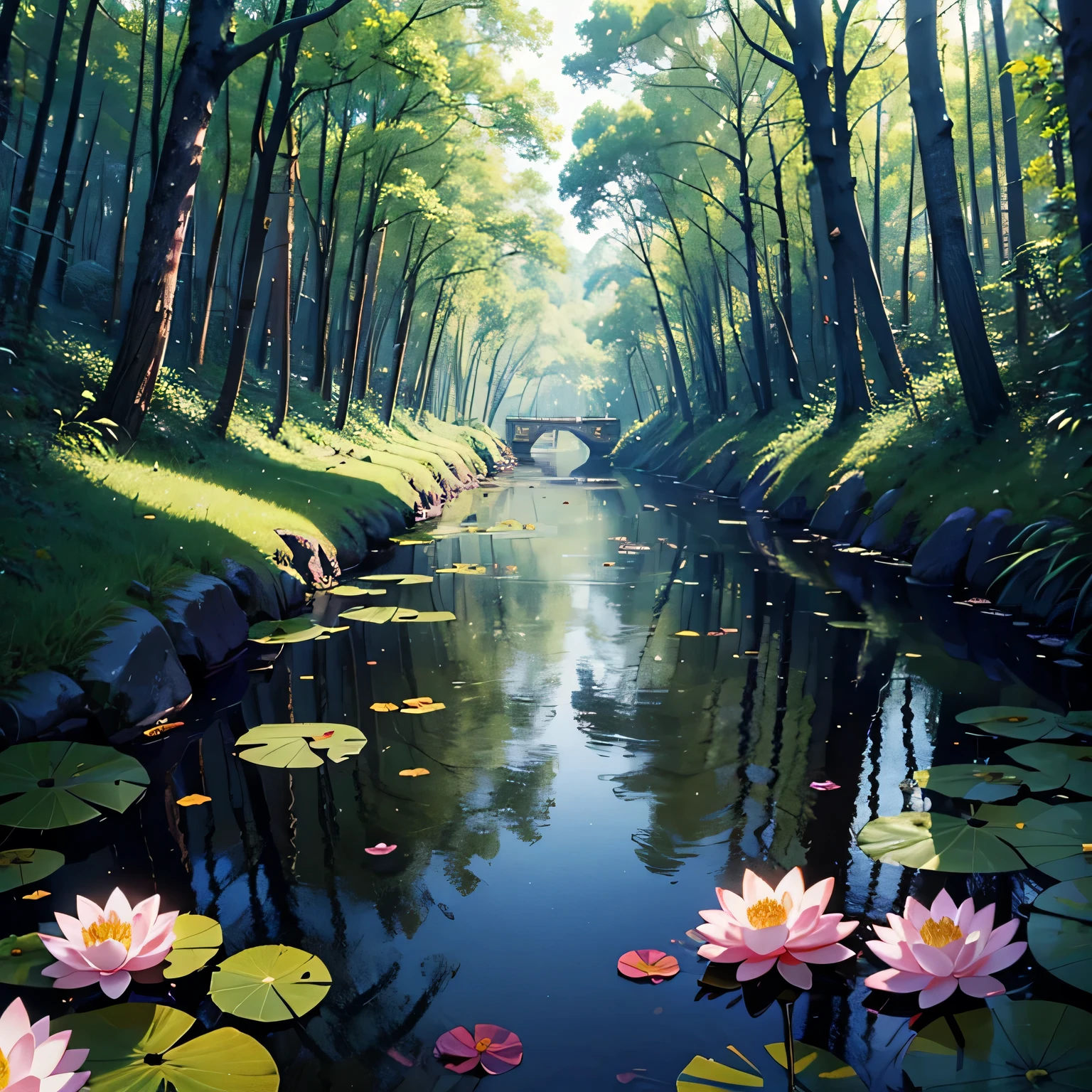 The lotus flowers:3、no person:10、Best Quality、masutepiece、8K、musgo:1.5、the woods、swamp
