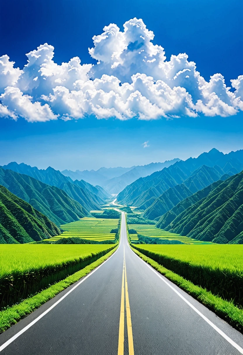 The Road to Heaven、A straight road that goes up and down repeatedly and leads to the sky、I can&#39;t tell where the earth and sky are、Hilly Meadows、(((Realistic Landscape Painting)))、{{masterpiece、highest quality、(((Realistic、Realistic:1.37)))、8K quality}}、Wide々and a sight、Refreshing、Wind-blown Meadow、A small figure of a woman gazing into the distance