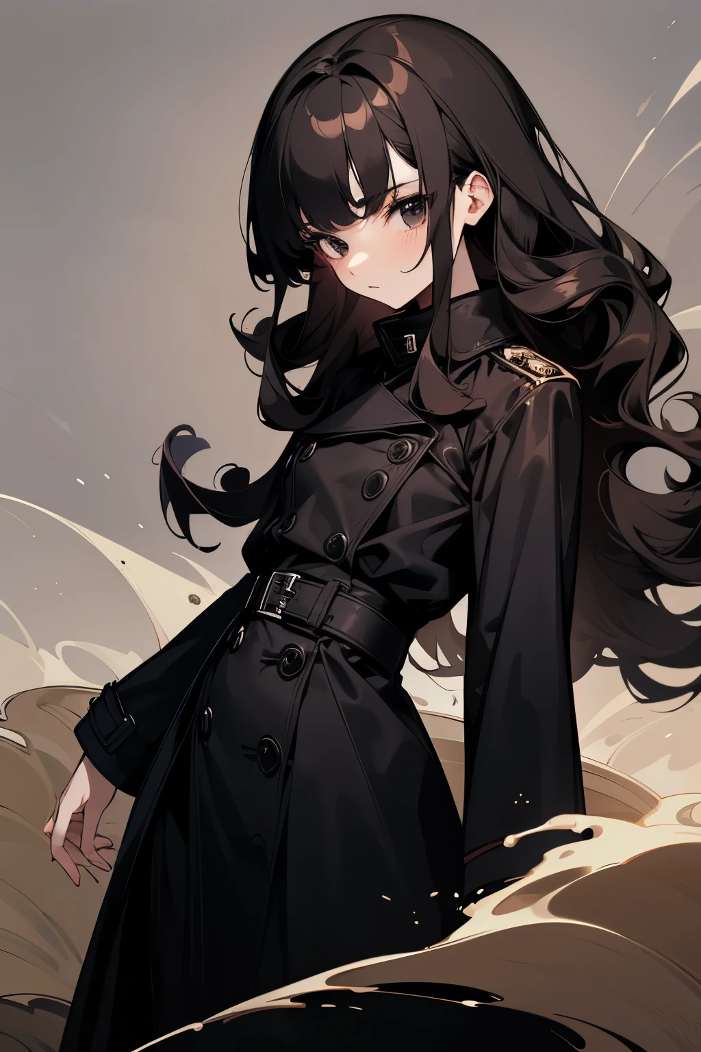 woman，24 years old，Career。Mature。Black trench coat，Black long skirt。flat chest。Black-brown hair color，Waist-length hair，Wave Curls。Black eyes。The cold eyes。