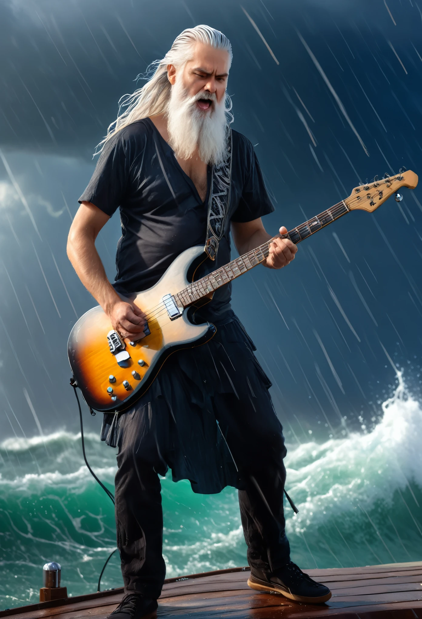 Biblical Noah with a angry expression. A white beard and long white hair. He is playing a electric guitar . He is standing on the bow of Noah's ark. The ark is on water in the middle of a storm at sea, masterpiece, best quality, high quality, 8k unit wallpaper CG extremely detailed, award-winning photography, Bokeh, Depth of Field, HDR, bloom, chromatic aberration, photorealistic, extremely detailed, trend in artstation, trend in CGsociety, intricate, high detail, dramatic, art in the middle of the journey, volumetric lighting