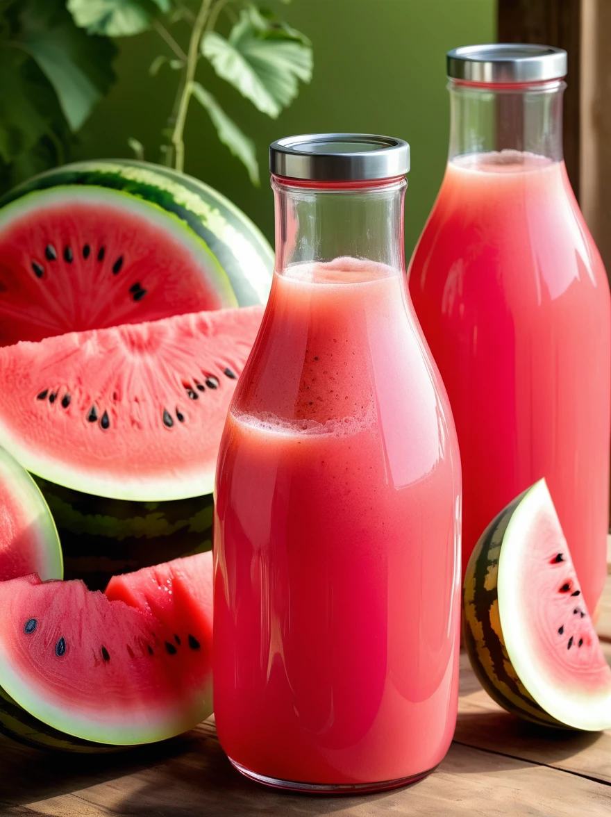 A close up view of a clear glass bottle filled with vibrant, freshly squeezed watermelon juice. The refreshing scarlet liquid is showcased through the transparent vessel. Chunks of ripe, juicy watermelon, filled with little black seeds, float gently in the bottle. The bottle has a sleek shape, slightly narrow at the top with a silver cap screwed on tight. Light refracts off the exterior of the bottle, giving a wonderful shine. A striped straw, in hues of pink and white, is inserted in it. The whole setup is placed on a rustic wooden table in a summer afternoon setting.