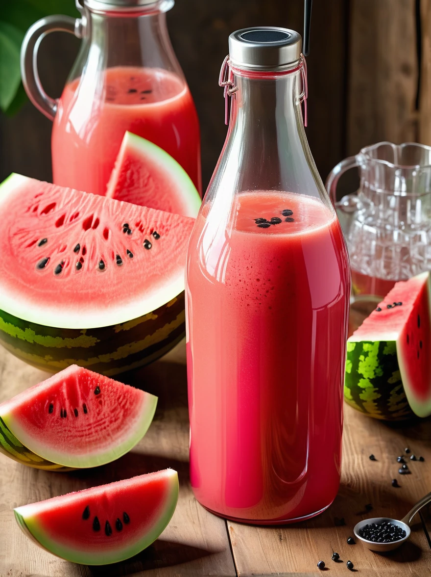A close up view of a clear glass bottle filled with vibrant, freshly squeezed watermelon juice. The refreshing scarlet liquid is showcased through the transparent vessel. Chunks of ripe, juicy watermelon, filled with little black seeds, float gently in the bottle. The bottle has a sleek shape, slightly narrow at the top with a silver cap screwed on tight. Light refracts off the exterior of the bottle, giving a wonderful shine. A striped straw, in hues of pink and white, is inserted in it. The whole setup is placed on a rustic wooden table in a summer afternoon setting.