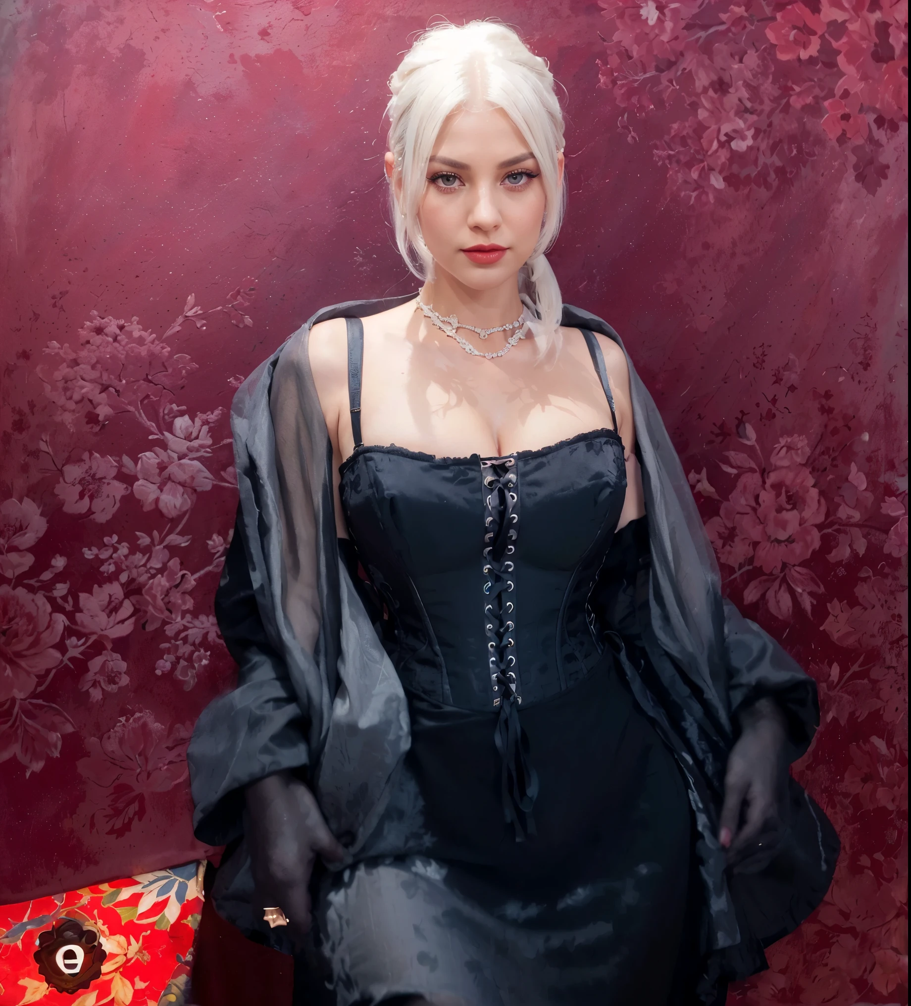 (close-up,subreal,woman with short,white hair straightened, in a red dress, corset,grey eyes,lush eyelashes,red lips,elegant,beautiful),(oil painting),(detailed floral patterns on the dress),(fine details on the facial features),(ultra-detailed, highres),(portrait),(warm color palette),(soft and diffused lighting)