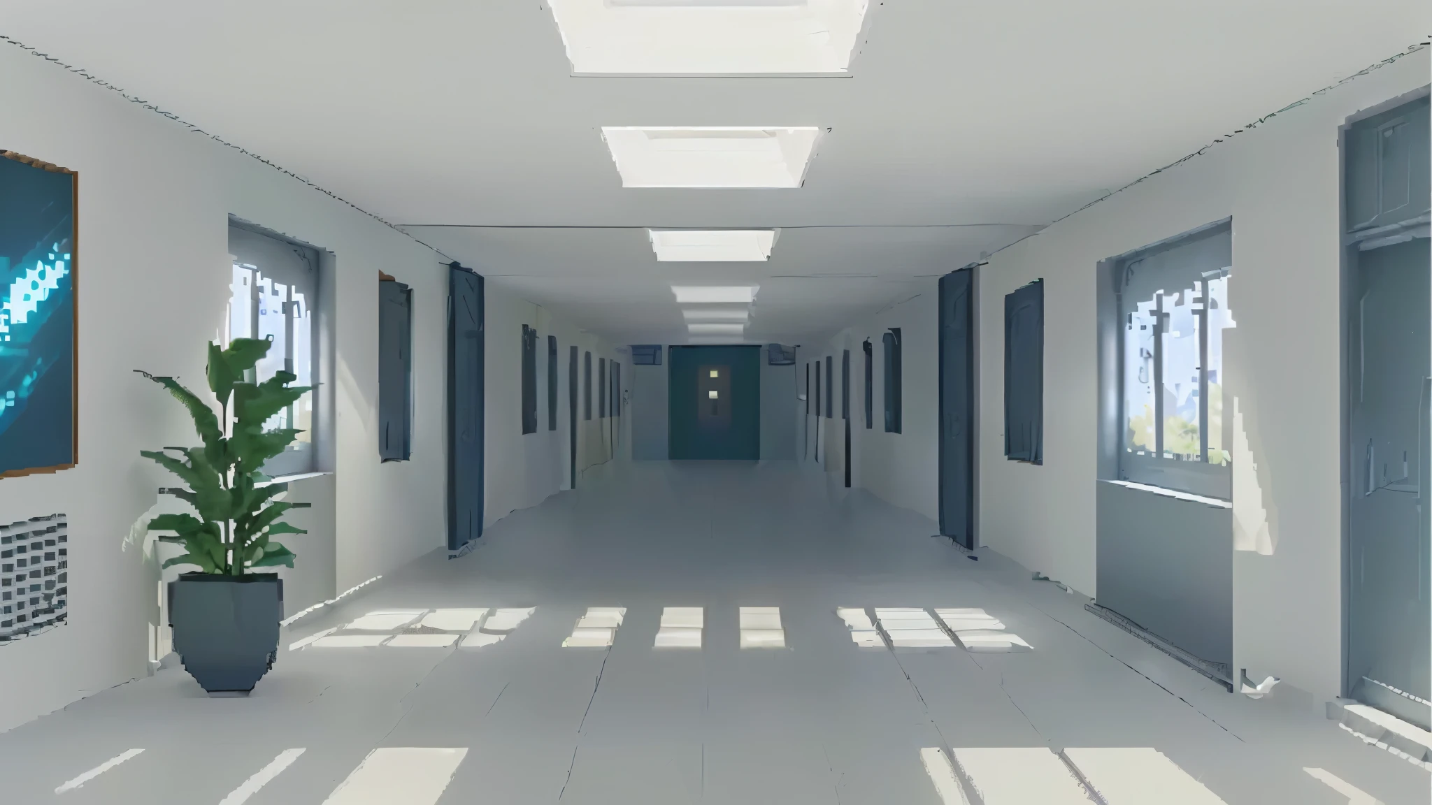 a close up of a hall with a plant in a pot, infinite hall, an empty hall, corridor, spaceship hall background, haunted spaceship hall, spaceship hall, infinite corridor, Pixel art animation, long dark hall, VA-11 Hall-A, hall landscape, long hall, 2 5 6 x 2 5 6 pixels, hall, 80s Art
