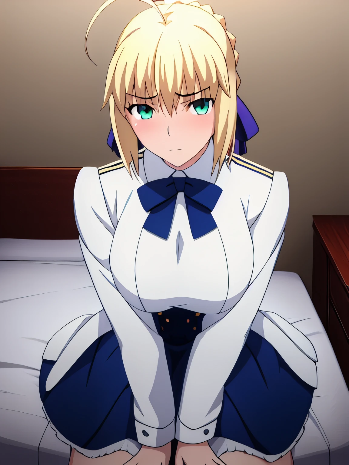 best quality, masterpiece, highres, ray_tracing_graphic, solo, adult_female, {saber_fatestaynightufotable:1.15}, blonde_hair, little_ahoge, green_eyes, blue_ribbon, 1girl, anime_coloring, full_body, tsundere_face, five_fingers, blush, large_breasts, white_windbreaker_jacket, from_the_front, sit, bedroom, dark_room