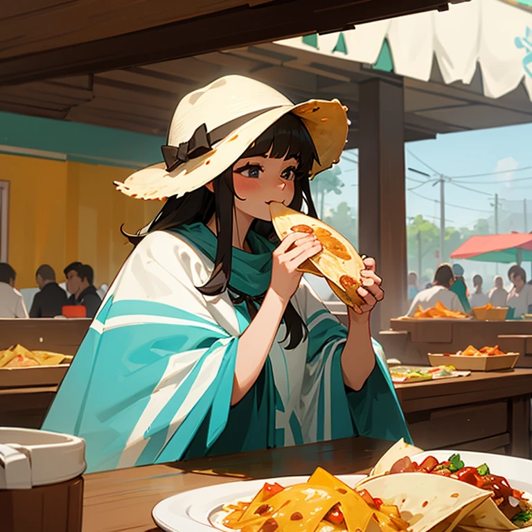 Mexican woman wearing a poncho eating a taco, Mexican food stall tortillas and nachos highest quality Tequila and Corona beer on the table String Panties