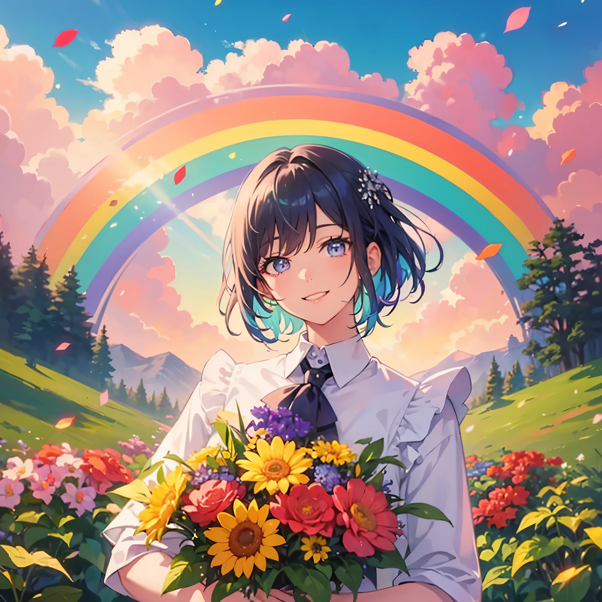 Top quality, masterpiece, iridescent eyes, turning around and looking at me, short iridescent hair, approaching, rainbow overhead, woman with bouquet of flowers. Look at me, full smile, fantastic background,
